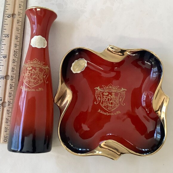 Souvenir of Rudesheim Porzellan Ashstray and Bud Vase Metallic Gold Trim - Picture 8 of 9
